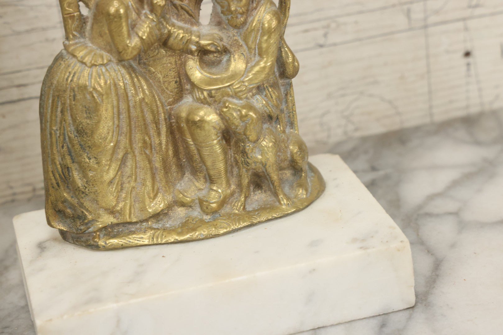 Lot 014 - Antique Gilded Brass Girandole Candelabra Pair, Romantic Rococo Scene With Dog, Marble Base, Amber Crystal Prisms, Note Many Missing, Damaged Crystals, Bases Chipped