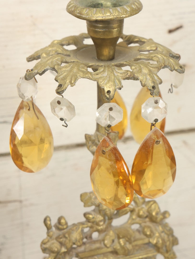 Lot 014 - Antique Gilded Brass Girandole Candelabra Pair, Romantic Rococo Scene With Dog, Marble Base, Amber Crystal Prisms, Note Many Missing, Damaged Crystals, Bases Chipped