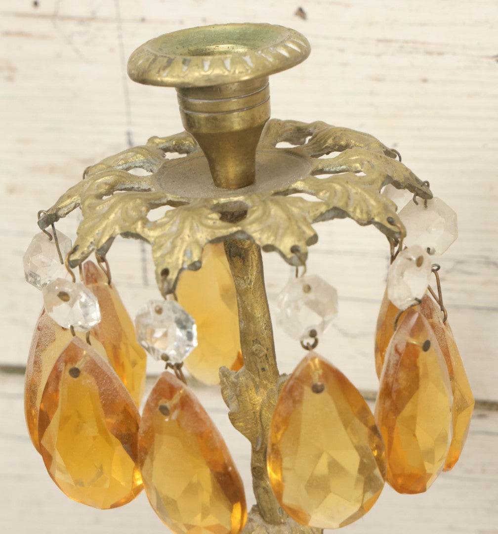 Lot 014 - Antique Gilded Brass Girandole Candelabra Pair, Romantic Rococo Scene With Dog, Marble Base, Amber Crystal Prisms, Note Many Missing, Damaged Crystals, Bases Chipped