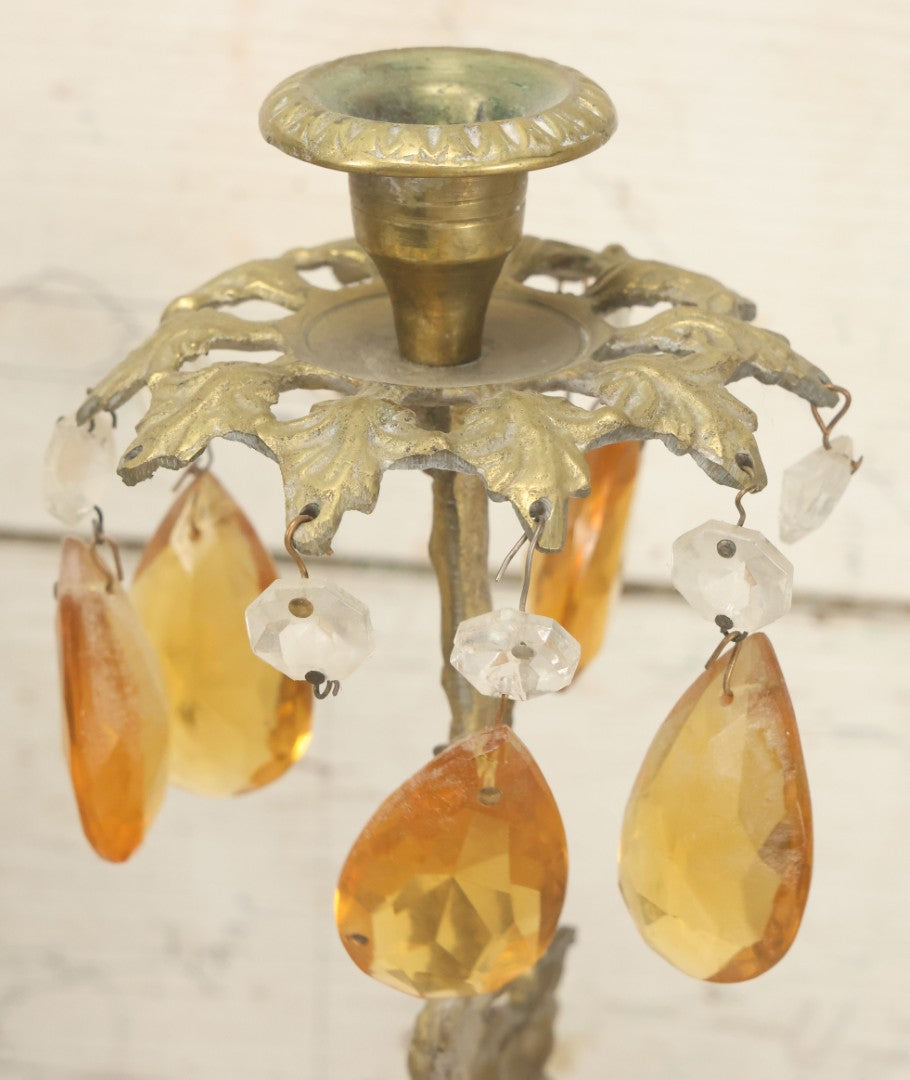 Lot 014 - Antique Gilded Brass Girandole Candelabra Pair, Romantic Rococo Scene With Dog, Marble Base, Amber Crystal Prisms, Note Many Missing, Damaged Crystals, Bases Chipped