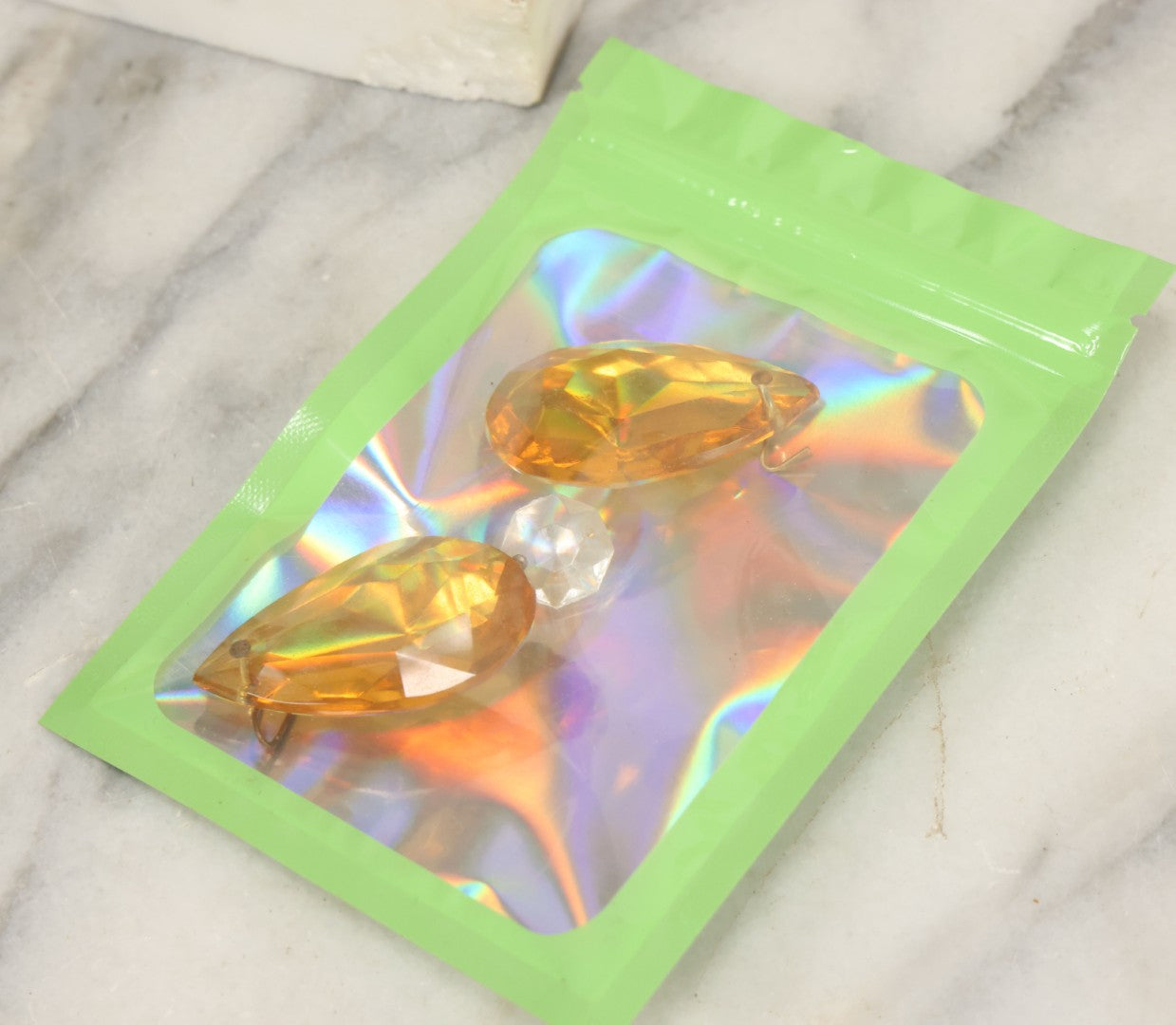 Lot 014 - Antique Gilded Brass Girandole Candelabra Pair, Romantic Rococo Scene With Dog, Marble Base, Amber Crystal Prisms, Note Many Missing, Damaged Crystals, Bases Chipped