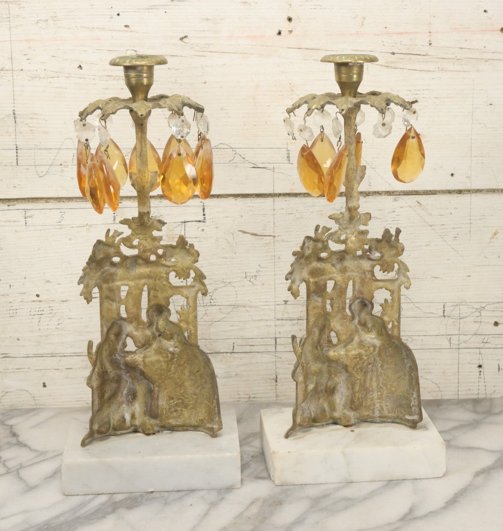 Lot 014 - Antique Gilded Brass Girandole Candelabra Pair, Romantic Rococo Scene With Dog, Marble Base, Amber Crystal Prisms, Note Many Missing, Damaged Crystals, Bases Chipped