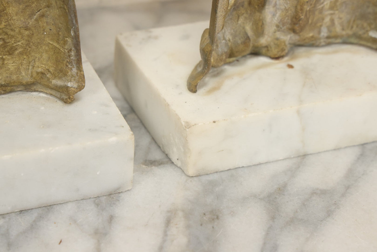 Lot 014 - Antique Gilded Brass Girandole Candelabra Pair, Romantic Rococo Scene With Dog, Marble Base, Amber Crystal Prisms, Note Many Missing, Damaged Crystals, Bases Chipped