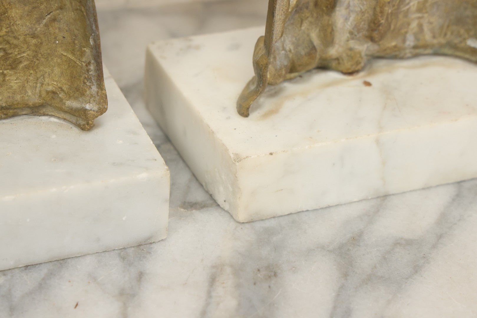 Lot 014 - Antique Gilded Brass Girandole Candelabra Pair, Romantic Rococo Scene With Dog, Marble Base, Amber Crystal Prisms, Note Many Missing, Damaged Crystals, Bases Chipped