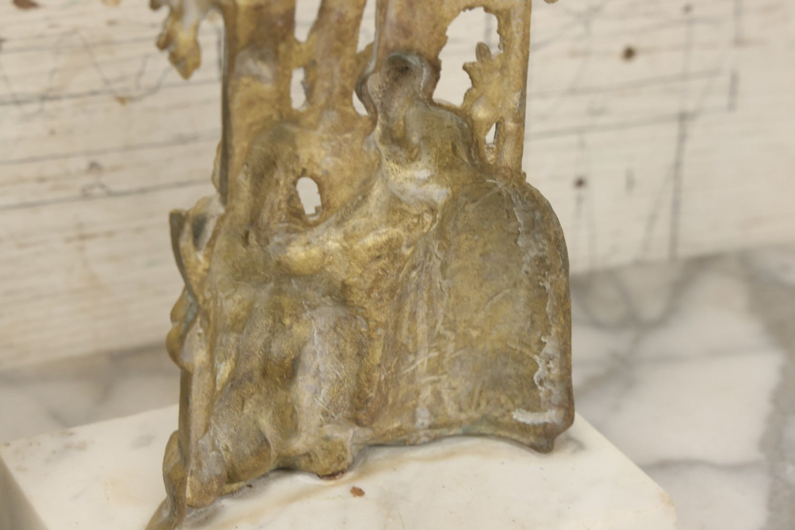 Lot 014 - Antique Gilded Brass Girandole Candelabra Pair, Romantic Rococo Scene With Dog, Marble Base, Amber Crystal Prisms, Note Many Missing, Damaged Crystals, Bases Chipped