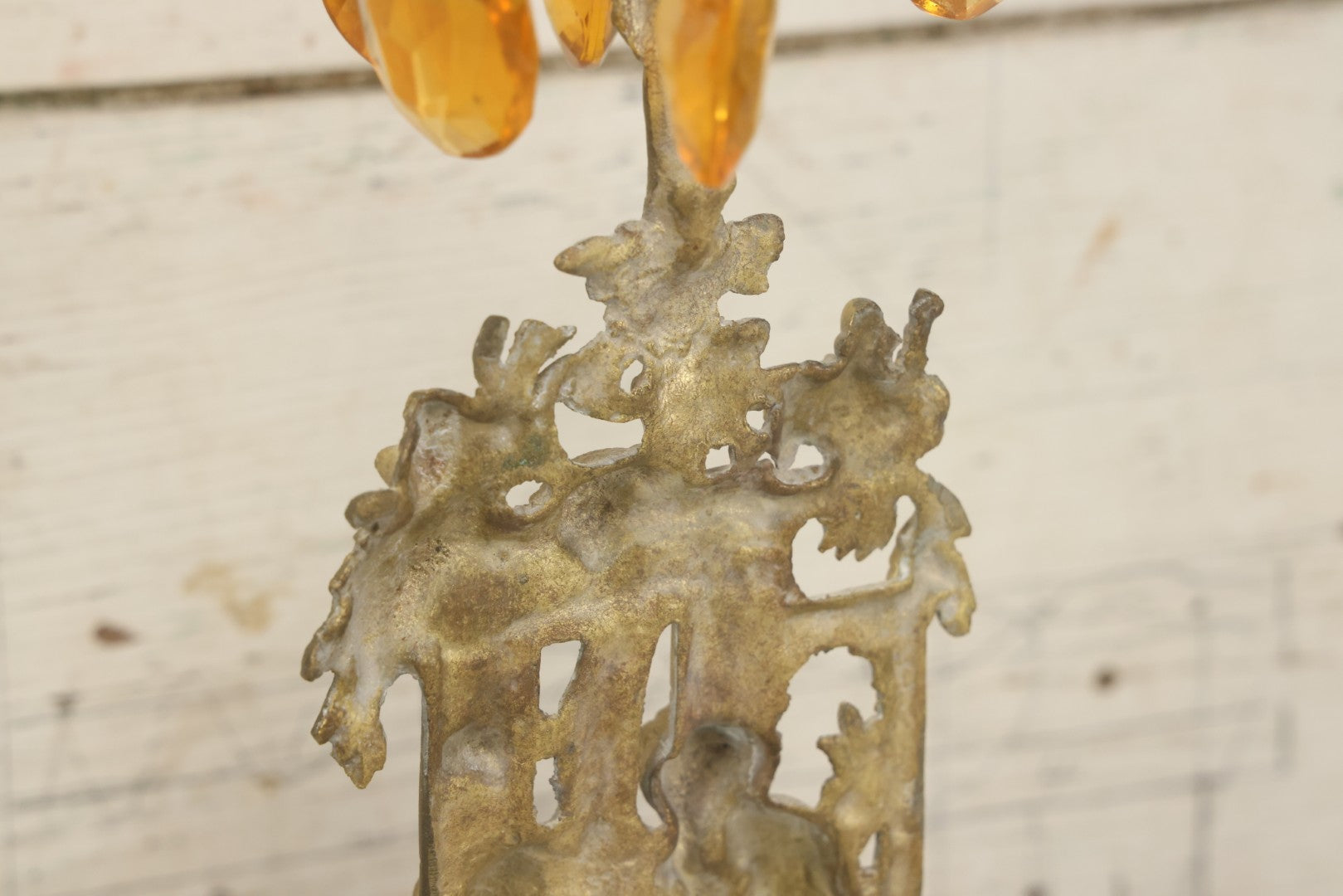Lot 014 - Antique Gilded Brass Girandole Candelabra Pair, Romantic Rococo Scene With Dog, Marble Base, Amber Crystal Prisms, Note Many Missing, Damaged Crystals, Bases Chipped