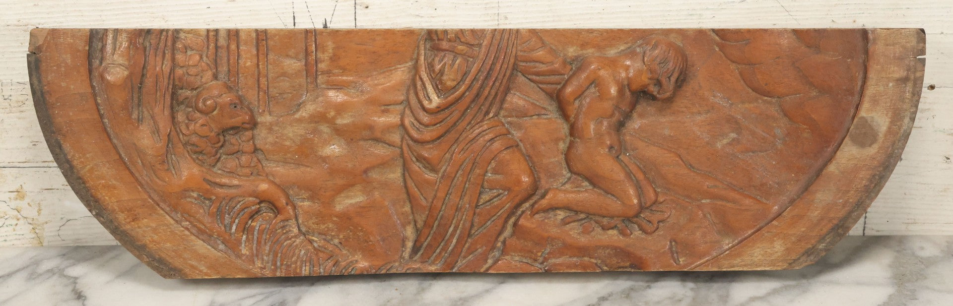 Lot 015 - Antique Folk Art Hand Carved Wooden Fragment Depicting The Binding Of Isaac By Abraham, Biblical Scene, 21-1/2" x 6"