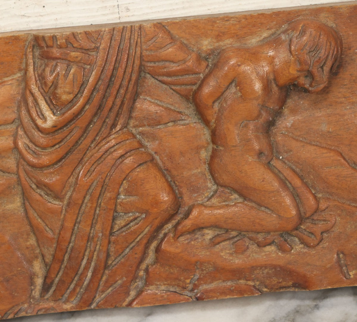 Lot 015 - Antique Folk Art Hand Carved Wooden Fragment Depicting The Binding Of Isaac By Abraham, Biblical Scene, 21-1/2" x 6"