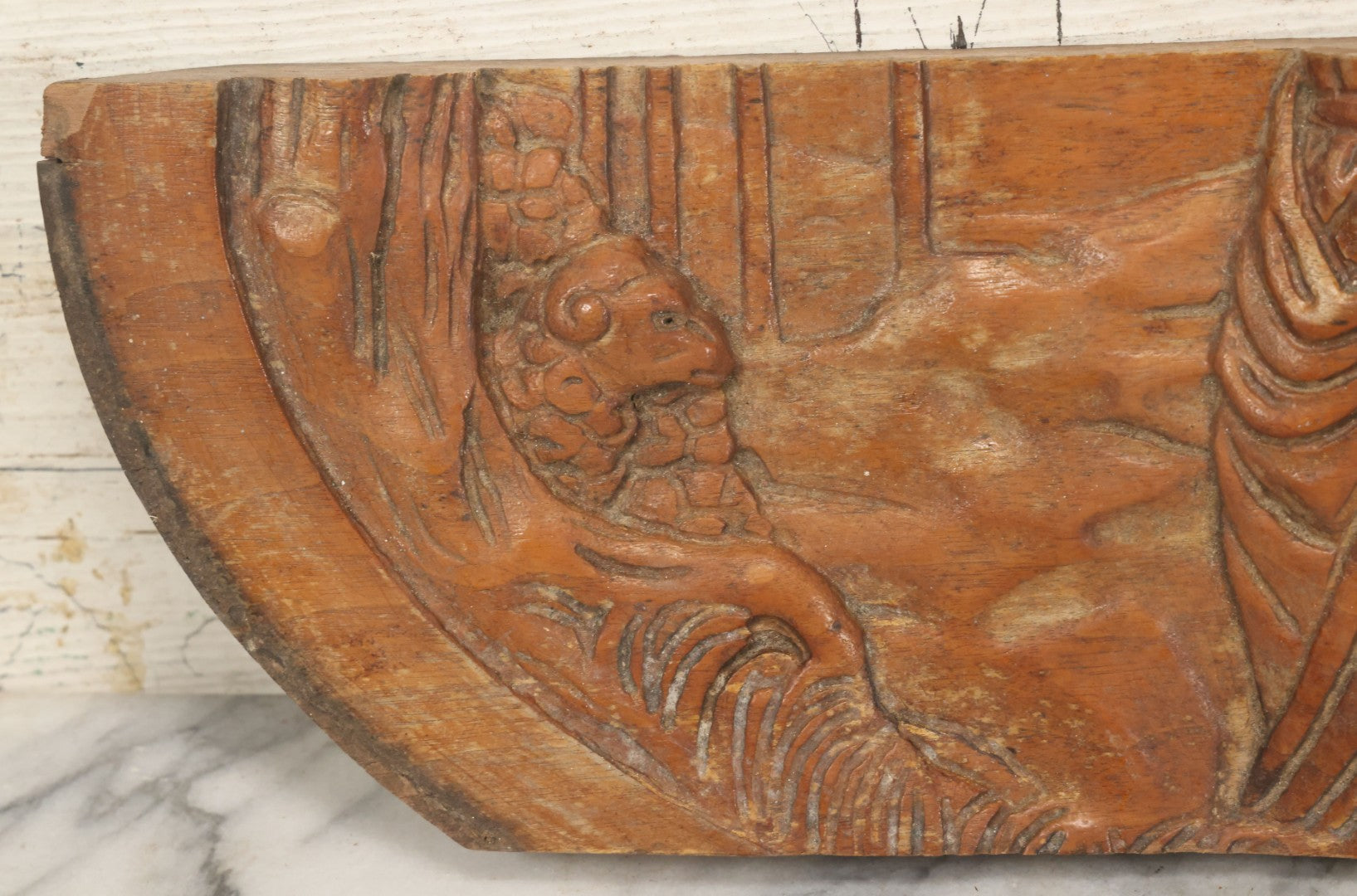 Lot 015 - Antique Folk Art Hand Carved Wooden Fragment Depicting The Binding Of Isaac By Abraham, Biblical Scene, 21-1/2" x 6"