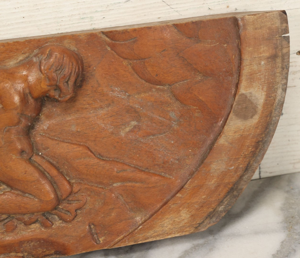 Lot 015 - Antique Folk Art Hand Carved Wooden Fragment Depicting The Binding Of Isaac By Abraham, Biblical Scene, 21-1/2" x 6"