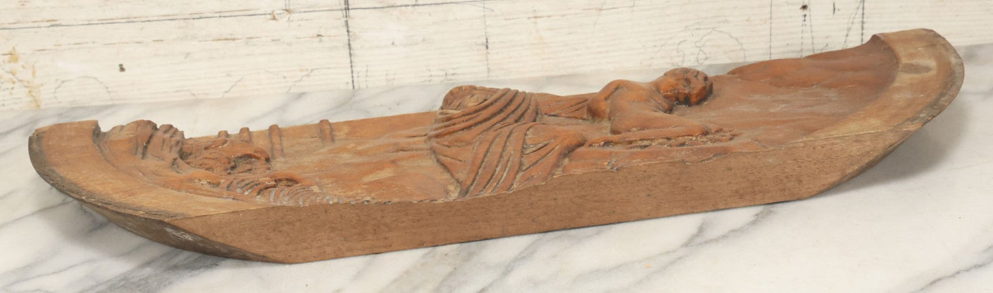 Lot 015 - Antique Folk Art Hand Carved Wooden Fragment Depicting The Binding Of Isaac By Abraham, Biblical Scene, 21-1/2" x 6"
