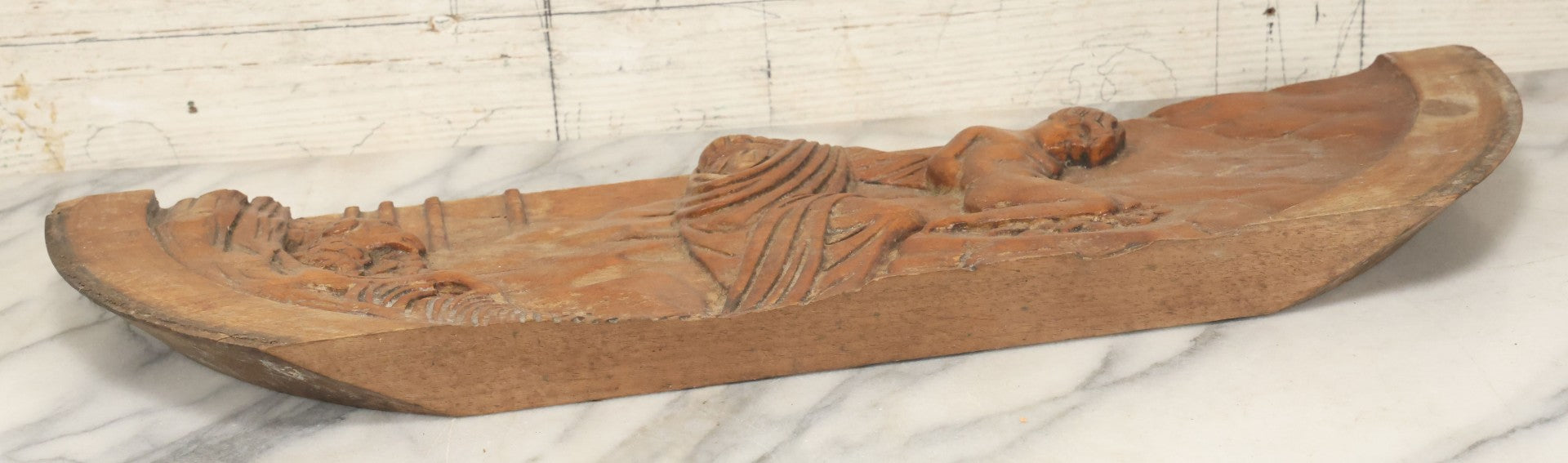 Lot 015 - Antique Folk Art Hand Carved Wooden Fragment Depicting The Binding Of Isaac By Abraham, Biblical Scene, 21-1/2" x 6"