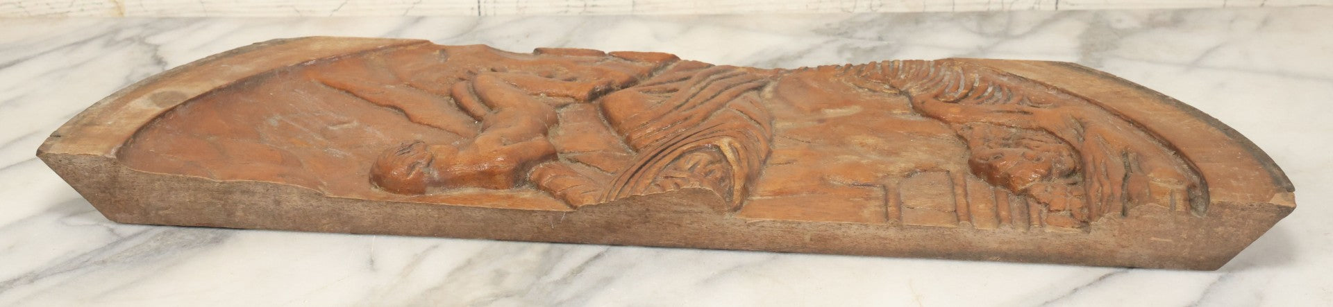 Lot 015 - Antique Folk Art Hand Carved Wooden Fragment Depicting The Binding Of Isaac By Abraham, Biblical Scene, 21-1/2" x 6"