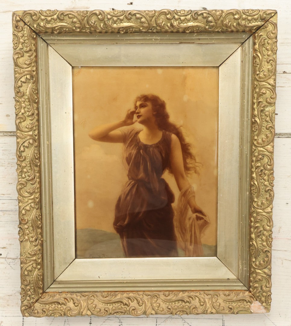 Lot 019 - Antique Framed Sepia-Toned Print Behind Bubble Glass, Romantic Woman In Flowing Dress, Ornate Gilded Frame, Victorian Era Art, After Edward Bisson, 1892, 12-5/8" x 15-1/8"
