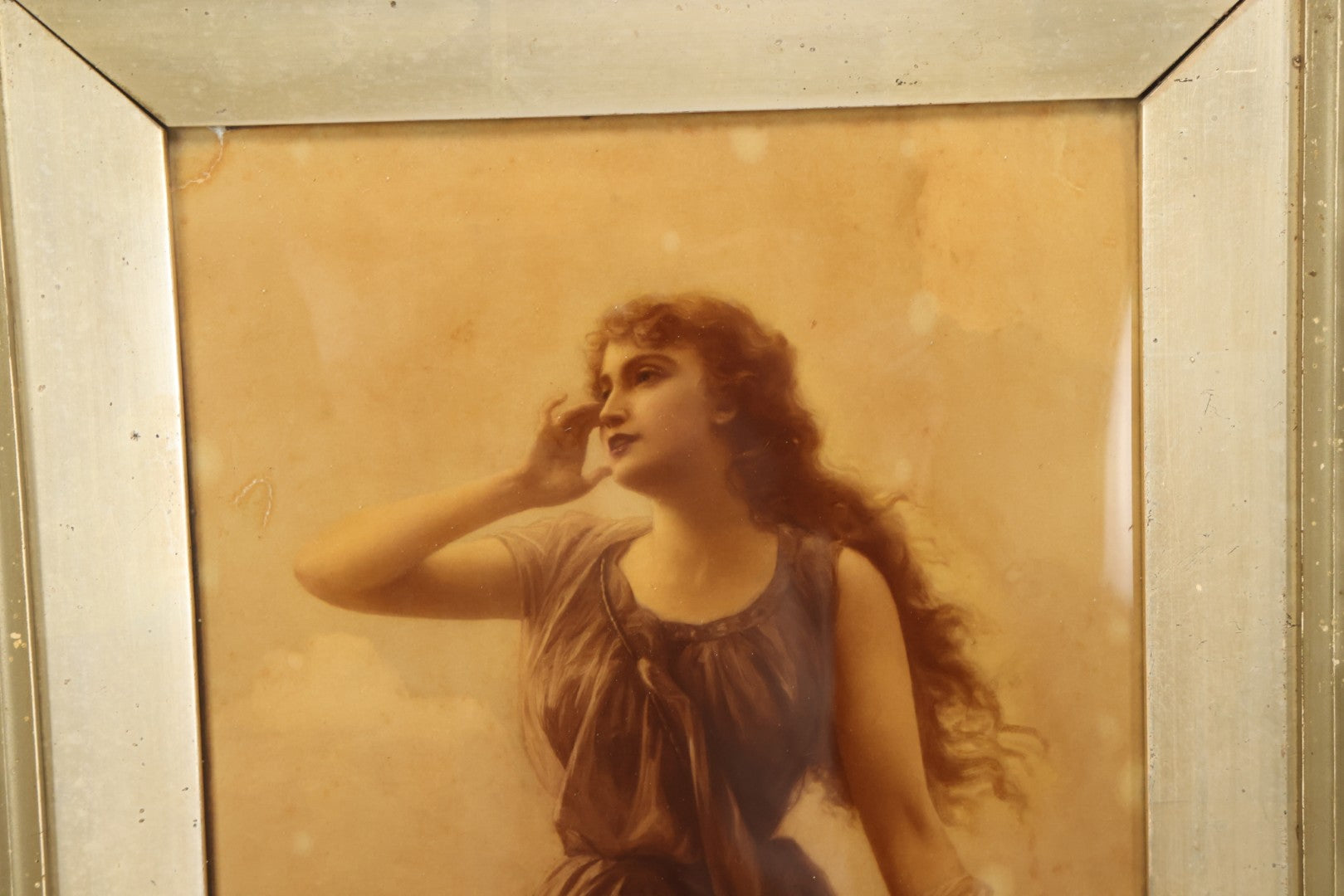 Lot 019 - Antique Framed Sepia-Toned Print Behind Bubble Glass, Romantic Woman In Flowing Dress, Ornate Gilded Frame, Victorian Era Art, After Edward Bisson, 1892, 12-5/8" x 15-1/8"