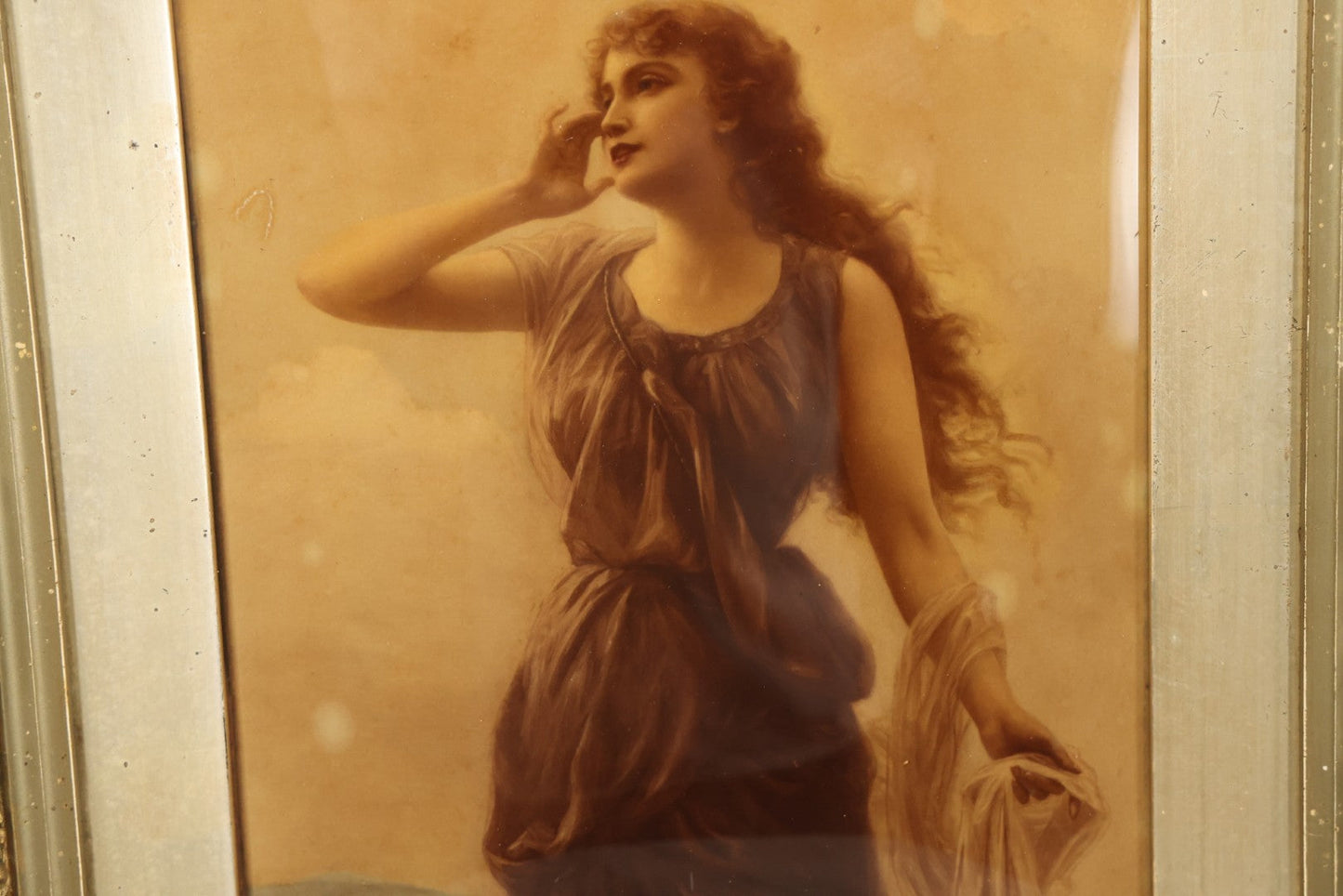 Lot 019 - Antique Framed Sepia-Toned Print Behind Bubble Glass, Romantic Woman In Flowing Dress, Ornate Gilded Frame, Victorian Era Art, After Edward Bisson, 1892, 12-5/8" x 15-1/8"