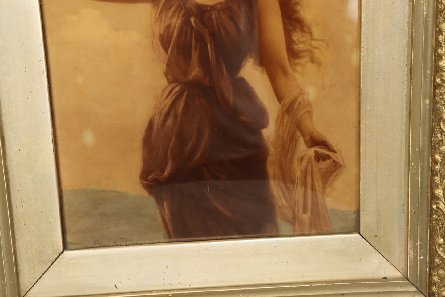 Lot 019 - Antique Framed Sepia-Toned Print Behind Bubble Glass, Romantic Woman In Flowing Dress, Ornate Gilded Frame, Victorian Era Art, After Edward Bisson, 1892, 12-5/8" x 15-1/8"