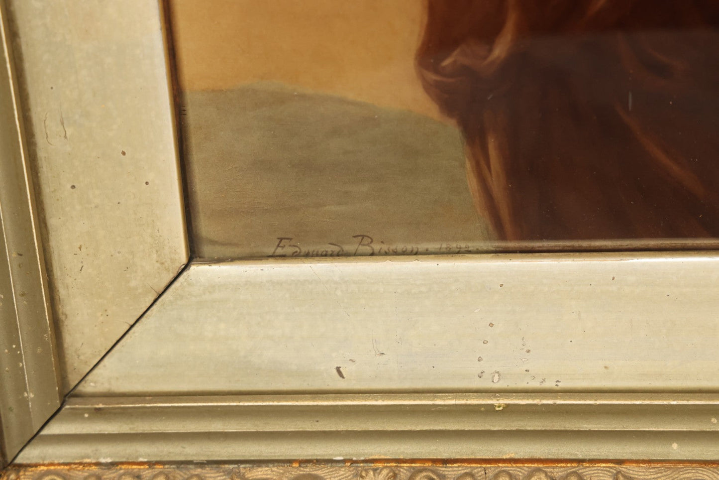 Lot 019 - Antique Framed Sepia-Toned Print Behind Bubble Glass, Romantic Woman In Flowing Dress, Ornate Gilded Frame, Victorian Era Art, After Edward Bisson, 1892, 12-5/8" x 15-1/8"