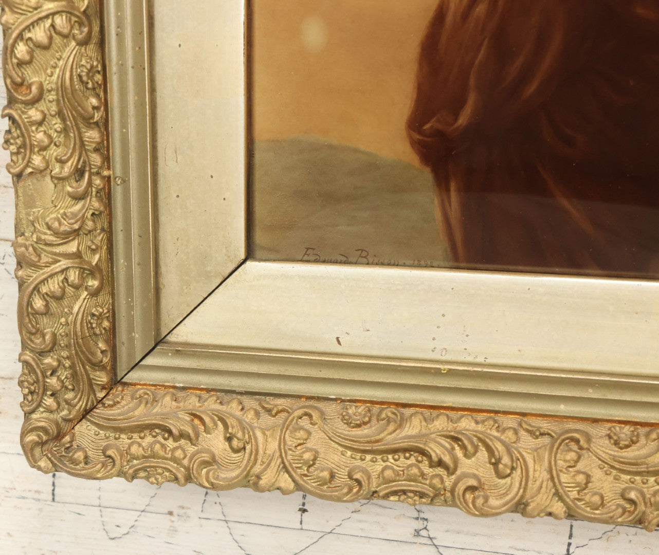 Lot 019 - Antique Framed Sepia-Toned Print Behind Bubble Glass, Romantic Woman In Flowing Dress, Ornate Gilded Frame, Victorian Era Art, After Edward Bisson, 1892, 12-5/8" x 15-1/8"