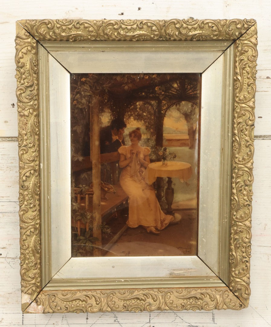 Lot 020 - Antique Framed Sepia-Toned Print Behind Bubble Glass, Romantic Scene With Man And Woman Flirting, Ornate Gilded Frame, Victorian Era Art, After W. Menzler, 1896, Note Crack In Lower Left Glass, 12-1/4" x 15-1/4"