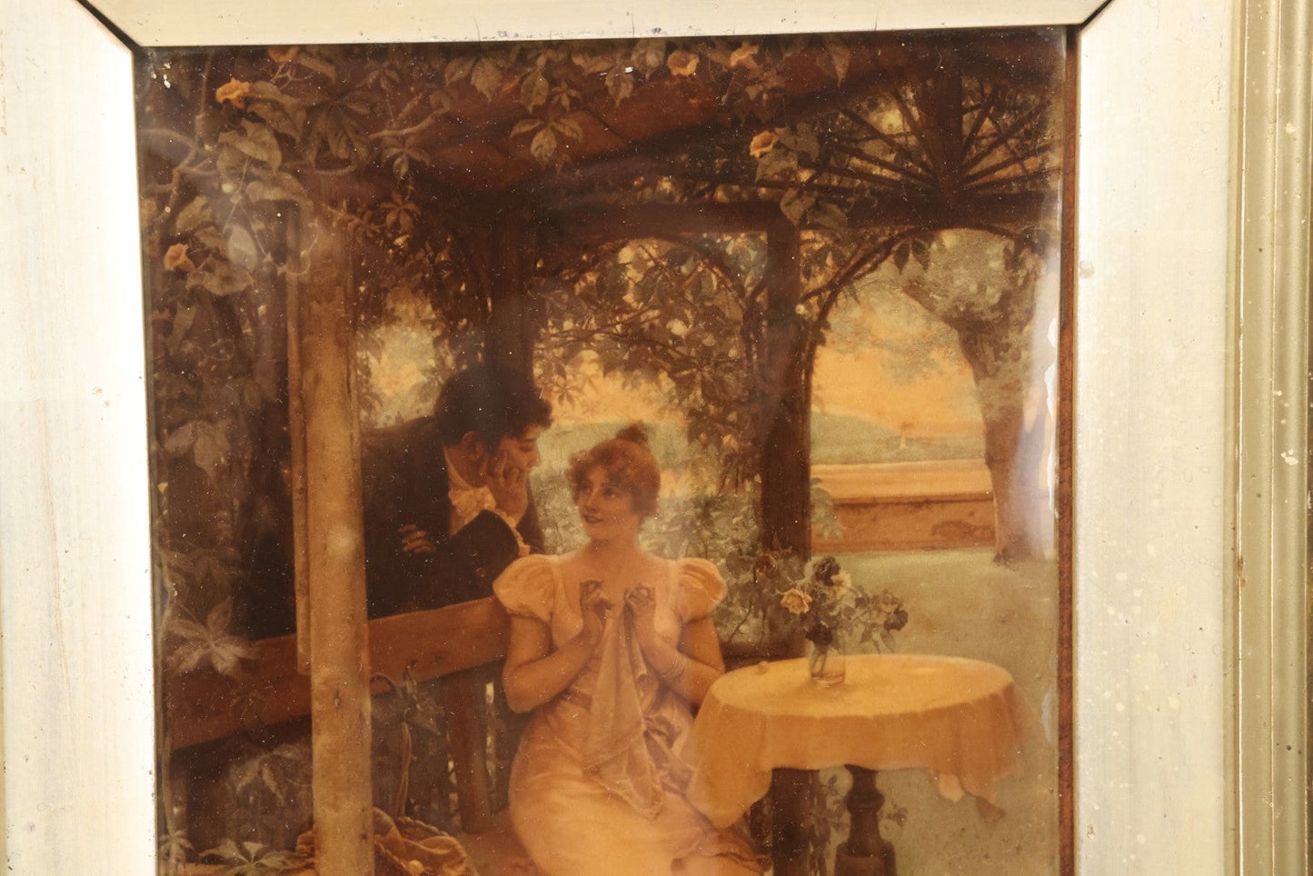 Lot 020 - Antique Framed Sepia-Toned Print Behind Bubble Glass, Romantic Scene With Man And Woman Flirting, Ornate Gilded Frame, Victorian Era Art, After W. Menzler, 1896, Note Crack In Lower Left Glass, 12-1/4" x 15-1/4"