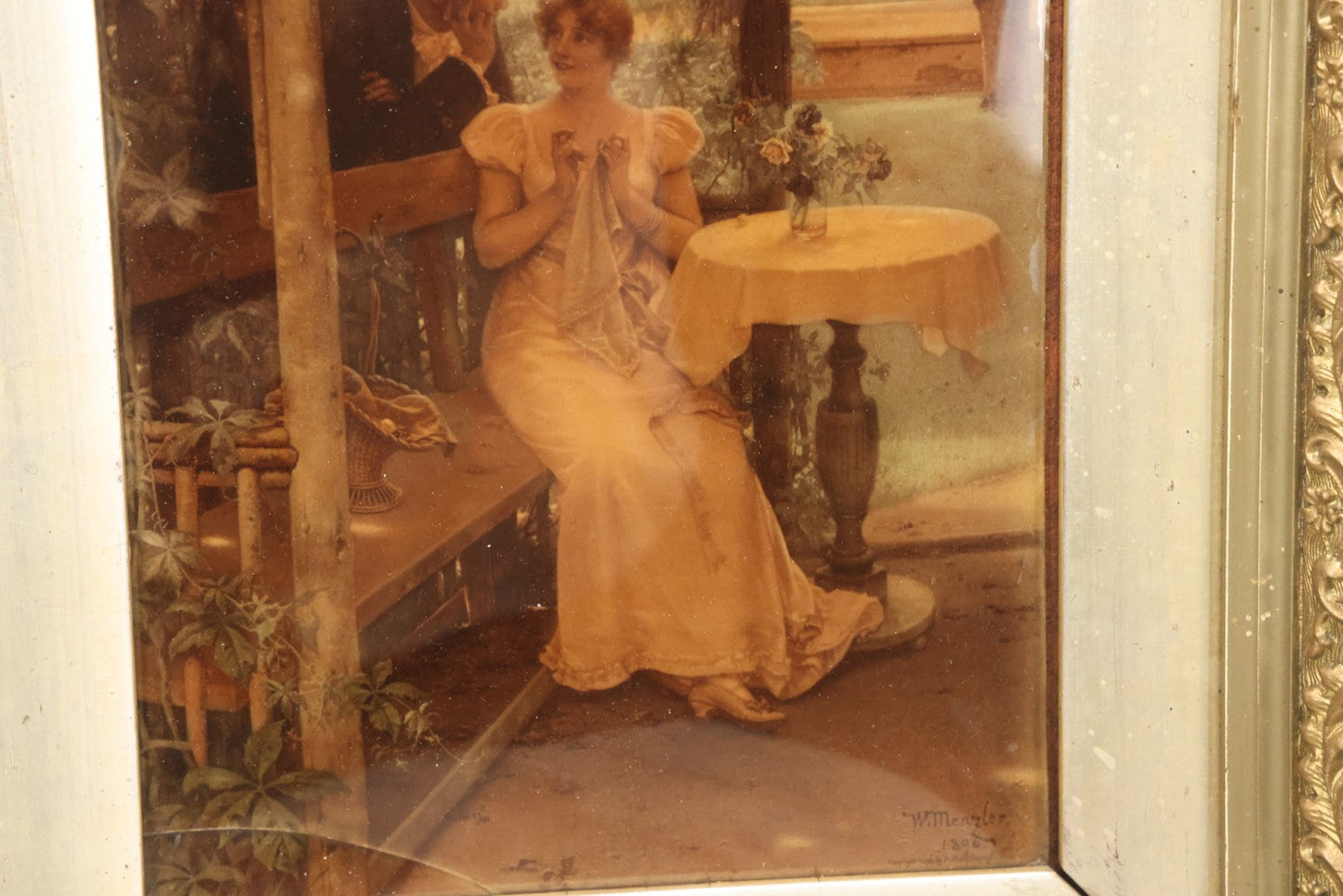 Lot 020 - Antique Framed Sepia-Toned Print Behind Bubble Glass, Romantic Scene With Man And Woman Flirting, Ornate Gilded Frame, Victorian Era Art, After W. Menzler, 1896, Note Crack In Lower Left Glass, 12-1/4" x 15-1/4"