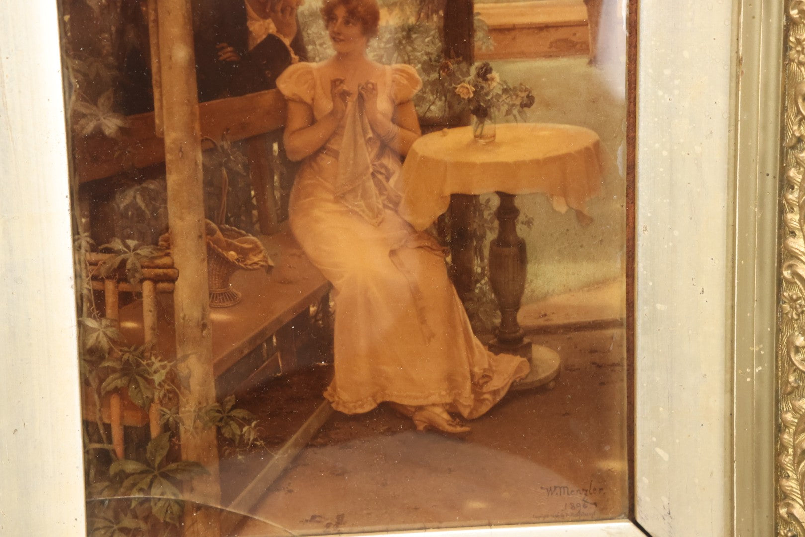 Lot 020 - Antique Framed Sepia-Toned Print Behind Bubble Glass, Romantic Scene With Man And Woman Flirting, Ornate Gilded Frame, Victorian Era Art, After W. Menzler, 1896, Note Crack In Lower Left Glass, 12-1/4" x 15-1/4"