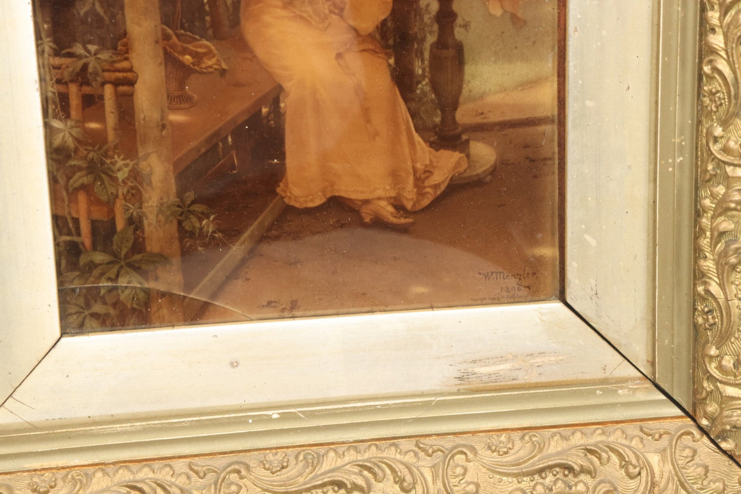 Lot 020 - Antique Framed Sepia-Toned Print Behind Bubble Glass, Romantic Scene With Man And Woman Flirting, Ornate Gilded Frame, Victorian Era Art, After W. Menzler, 1896, Note Crack In Lower Left Glass, 12-1/4" x 15-1/4"