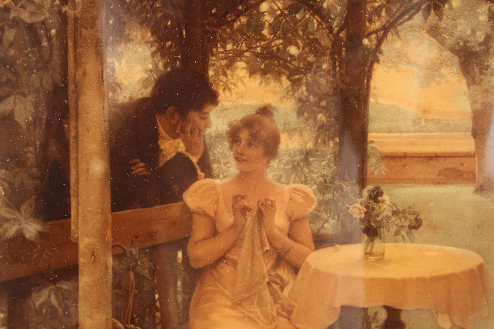 Lot 020 - Antique Framed Sepia-Toned Print Behind Bubble Glass, Romantic Scene With Man And Woman Flirting, Ornate Gilded Frame, Victorian Era Art, After W. Menzler, 1896, Note Crack In Lower Left Glass, 12-1/4" x 15-1/4"