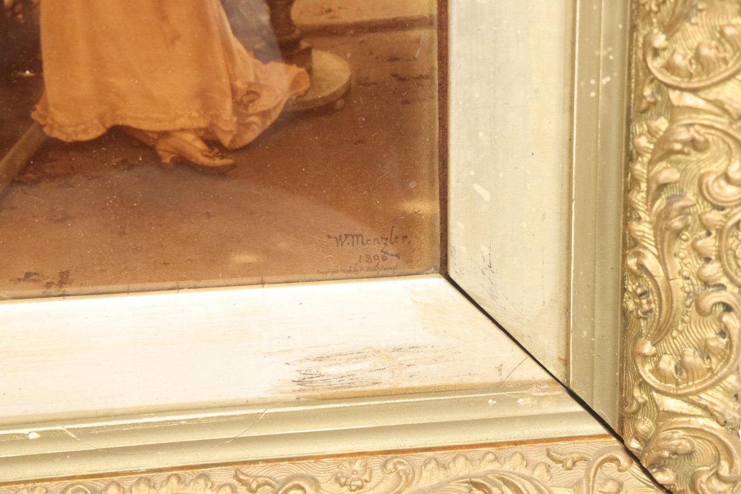 Lot 020 - Antique Framed Sepia-Toned Print Behind Bubble Glass, Romantic Scene With Man And Woman Flirting, Ornate Gilded Frame, Victorian Era Art, After W. Menzler, 1896, Note Crack In Lower Left Glass, 12-1/4" x 15-1/4"