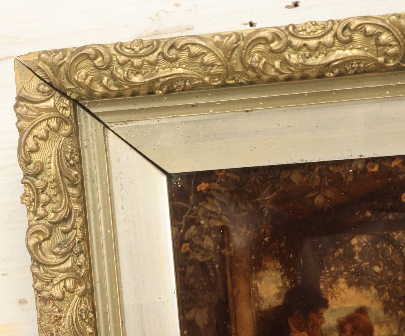 Lot 020 - Antique Framed Sepia-Toned Print Behind Bubble Glass, Romantic Scene With Man And Woman Flirting, Ornate Gilded Frame, Victorian Era Art, After W. Menzler, 1896, Note Crack In Lower Left Glass, 12-1/4" x 15-1/4"