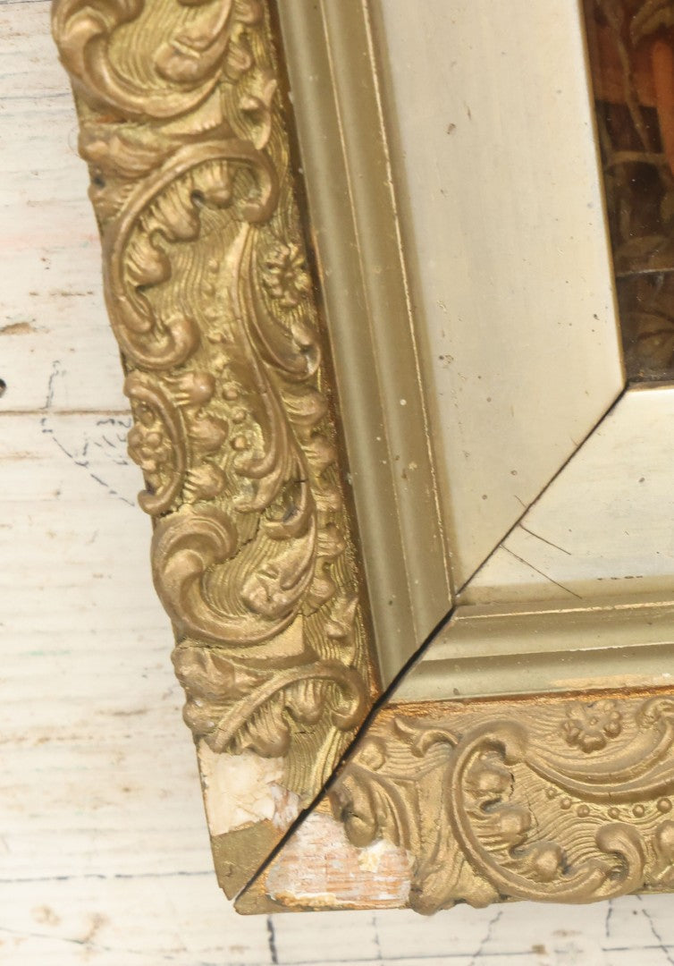 Lot 020 - Antique Framed Sepia-Toned Print Behind Bubble Glass, Romantic Scene With Man And Woman Flirting, Ornate Gilded Frame, Victorian Era Art, After W. Menzler, 1896, Note Crack In Lower Left Glass, 12-1/4" x 15-1/4"