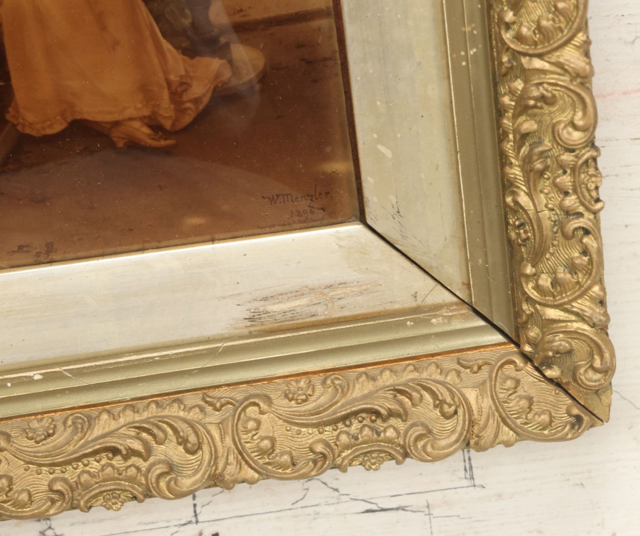 Lot 020 - Antique Framed Sepia-Toned Print Behind Bubble Glass, Romantic Scene With Man And Woman Flirting, Ornate Gilded Frame, Victorian Era Art, After W. Menzler, 1896, Note Crack In Lower Left Glass, 12-1/4" x 15-1/4"