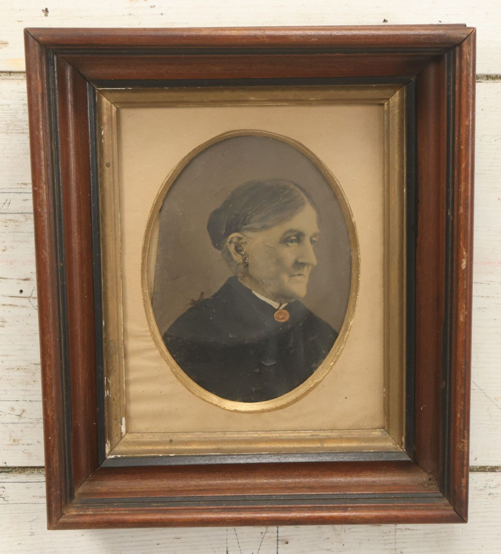Lot 021 - Antique Full Plate Tintype Of An Elderly Woman With Hair Tied In A Bun, Gold Painted Jewelry, In Deep Frame, Note Wear, Rust, Losses, 11-7/8" x 13-7/8"