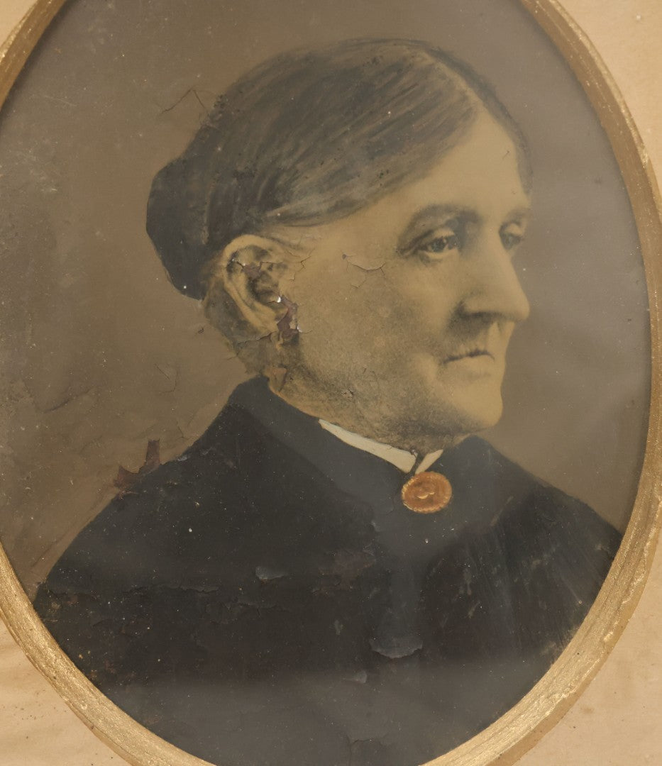 Lot 021 - Antique Full Plate Tintype Of An Elderly Woman With Hair Tied In A Bun, Gold Painted Jewelry, In Deep Frame, Note Wear, Rust, Losses, 11-7/8" x 13-7/8"