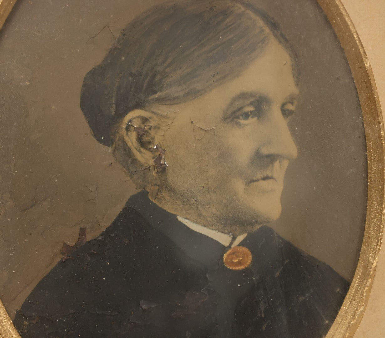 Lot 021 - Antique Full Plate Tintype Of An Elderly Woman With Hair Tied In A Bun, Gold Painted Jewelry, In Deep Frame, Note Wear, Rust, Losses, 11-7/8" x 13-7/8"