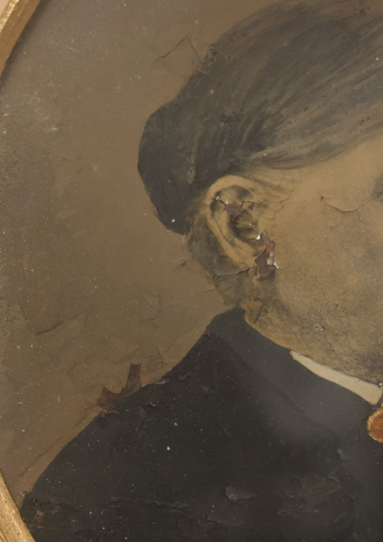 Lot 021 - Antique Full Plate Tintype Of An Elderly Woman With Hair Tied In A Bun, Gold Painted Jewelry, In Deep Frame, Note Wear, Rust, Losses, 11-7/8" x 13-7/8"