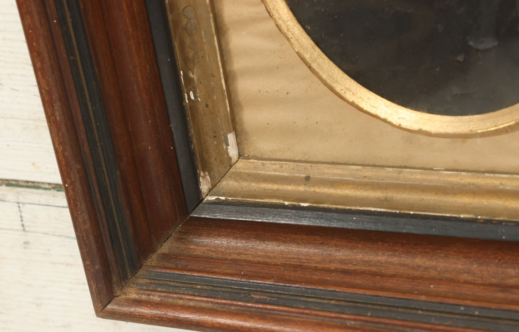 Lot 021 - Antique Full Plate Tintype Of An Elderly Woman With Hair Tied In A Bun, Gold Painted Jewelry, In Deep Frame, Note Wear, Rust, Losses, 11-7/8" x 13-7/8"