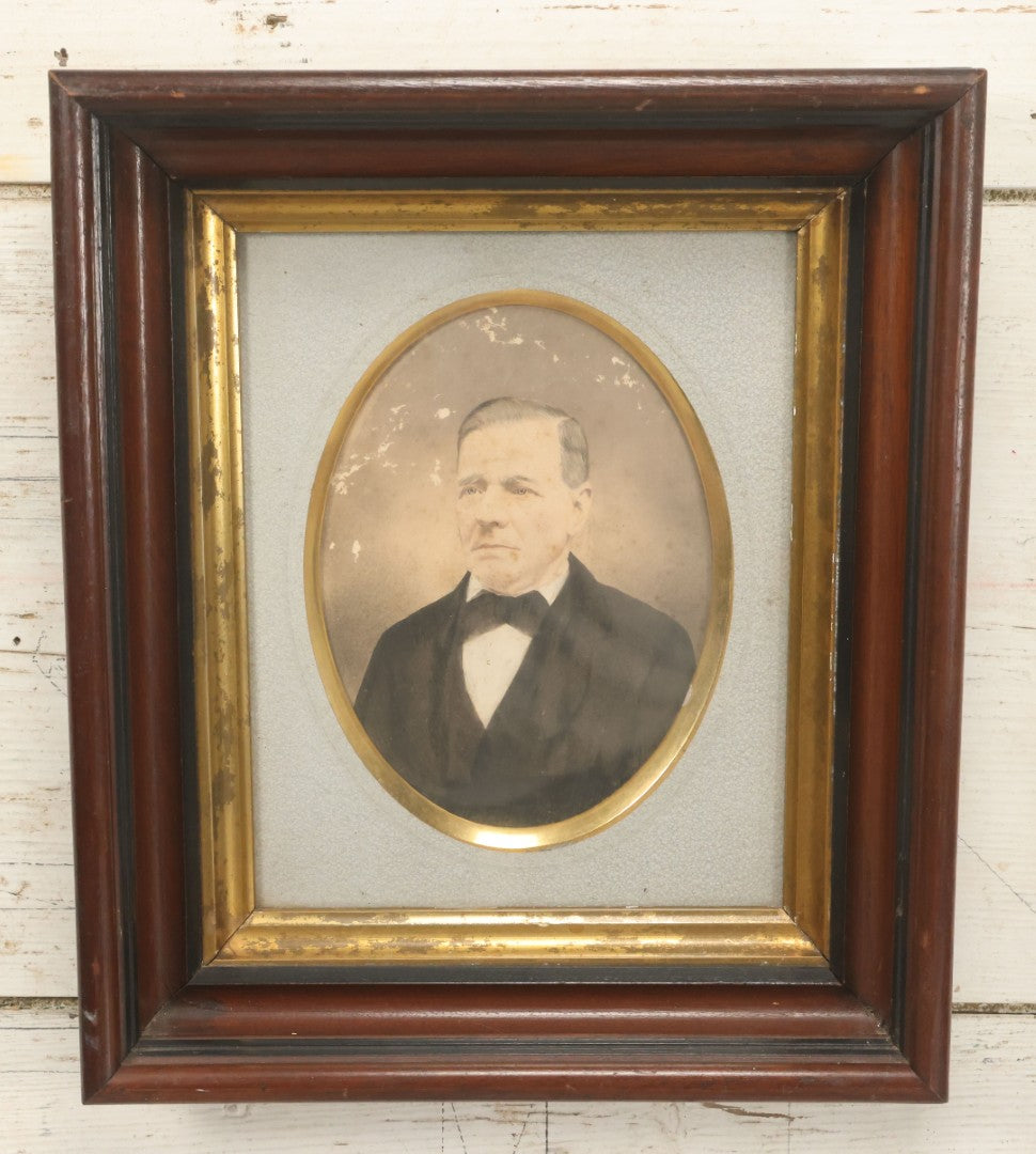 Lot 022 - Antique Over Painted Portrait Photo Of A Man With Gray Hair, Bowtie, In Deep Frame, Note Losses To Photo Surface, 11-7/8" x 13-7/8"