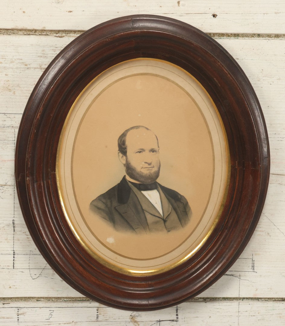 Lot 023 - Antique Over Painted Portrait Photo Of A Man With A Beard, Receding Hairline, In Deep Oval Frame, 10-7/8" x 12-7/8"