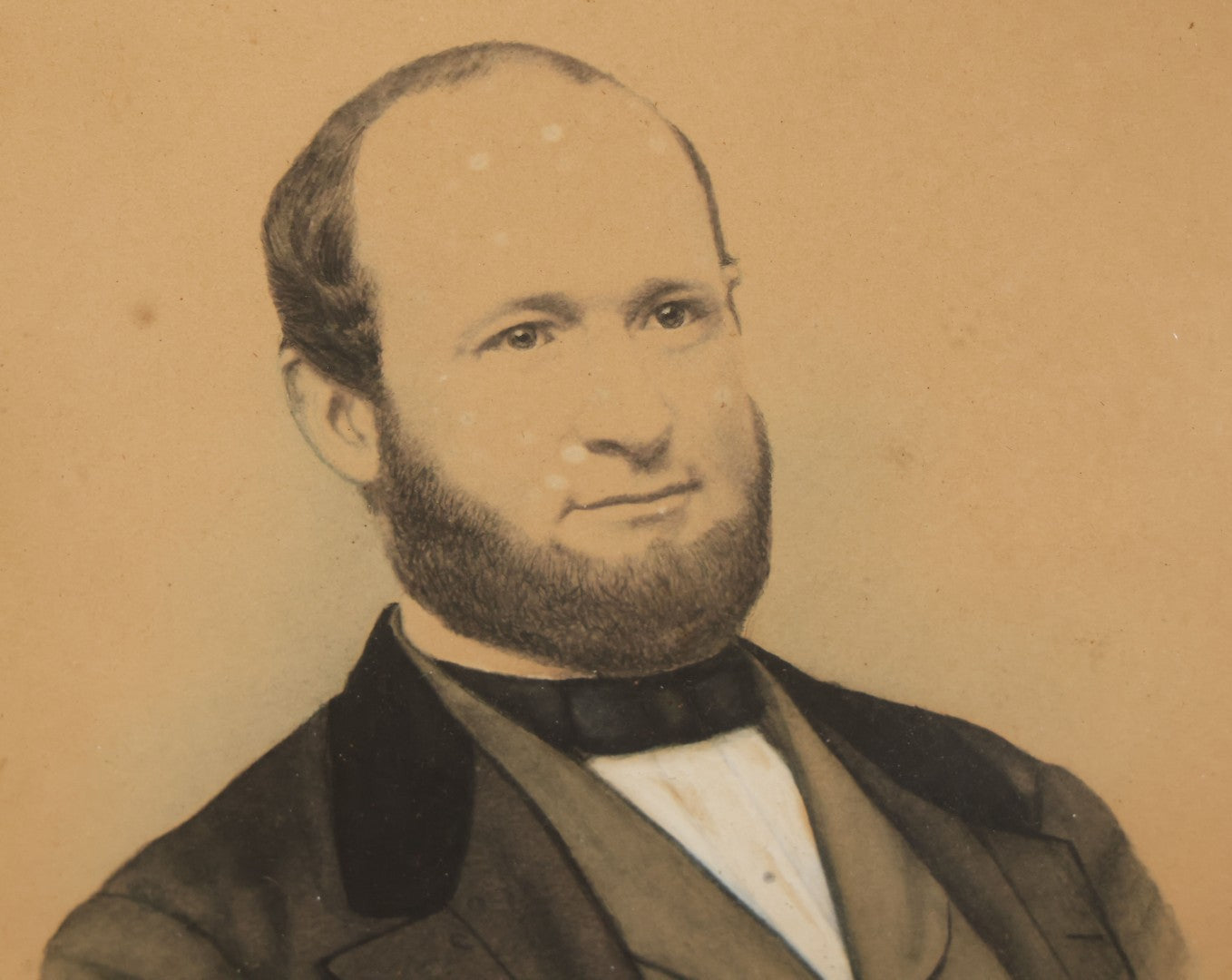 Lot 023 - Antique Over Painted Portrait Photo Of A Man With A Beard, Receding Hairline, In Deep Oval Frame, 10-7/8" x 12-7/8"