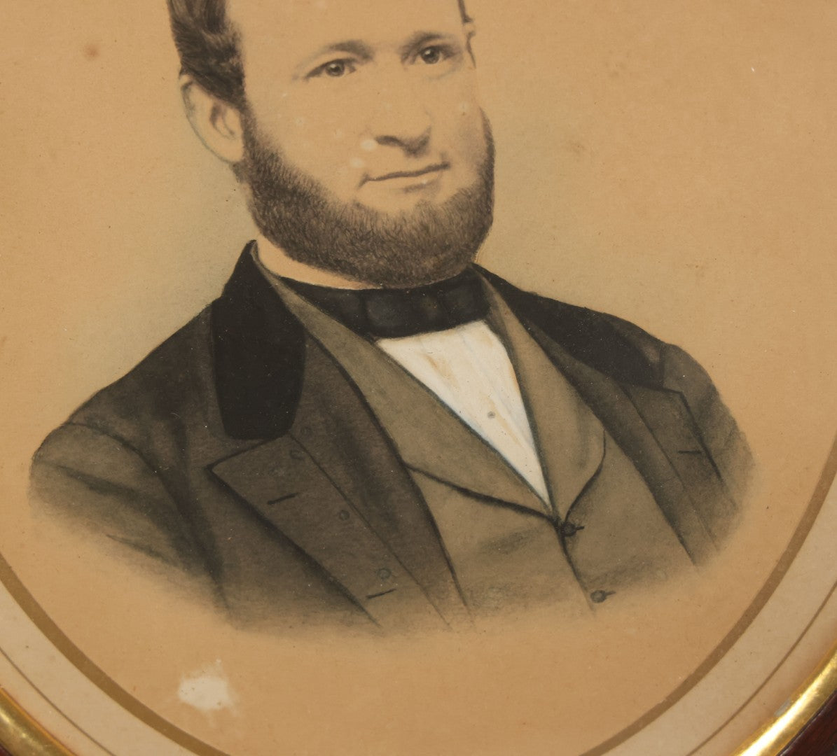 Lot 023 - Antique Over Painted Portrait Photo Of A Man With A Beard, Receding Hairline, In Deep Oval Frame, 10-7/8" x 12-7/8"