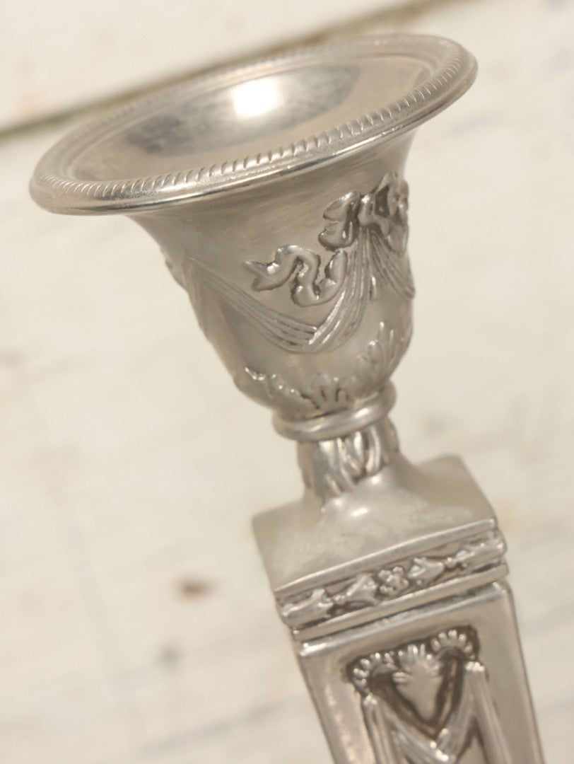 Lot 026 - Pair Of Vintage Silverplate Candlesticks, Neoclassical Design, Goat Head Motif, Ribbon And Garland Detailing