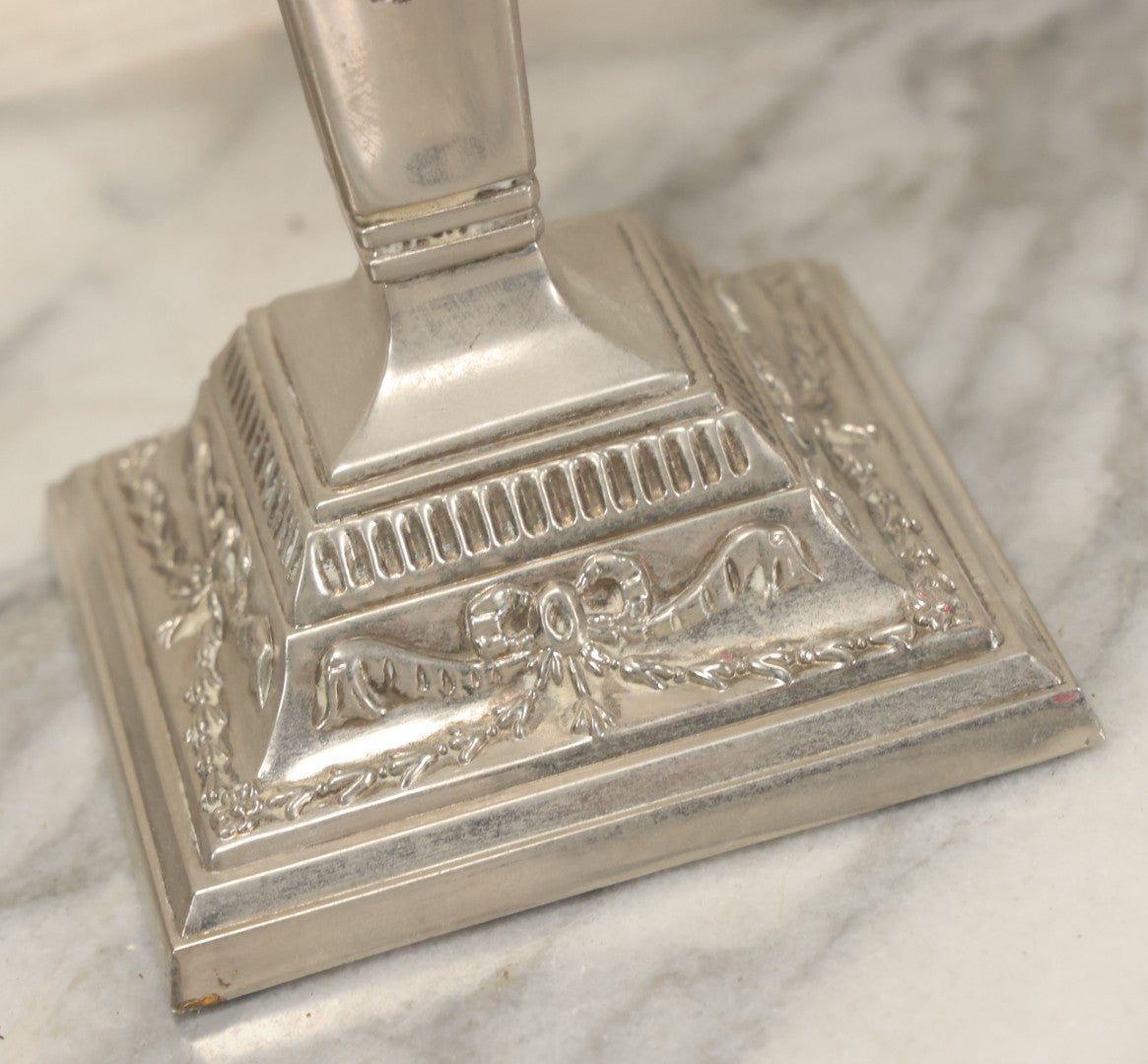 Lot 026 - Pair Of Vintage Silverplate Candlesticks, Neoclassical Design, Goat Head Motif, Ribbon And Garland Detailing