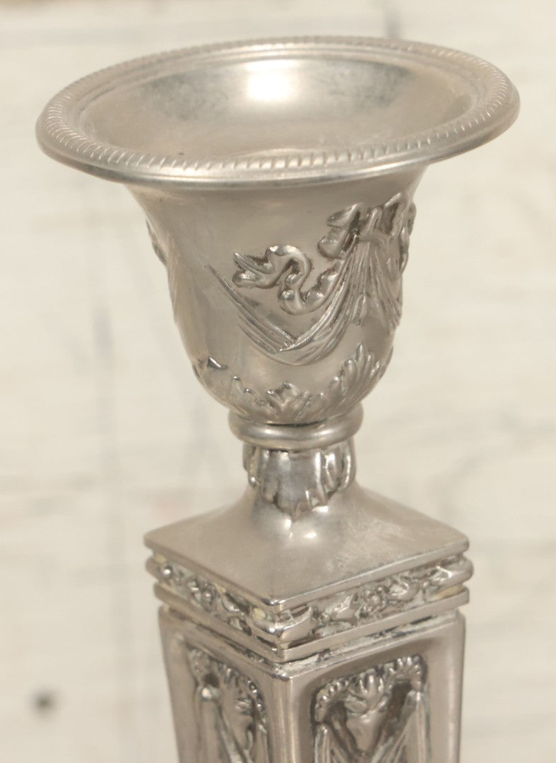 Lot 026 - Pair Of Vintage Silverplate Candlesticks, Neoclassical Design, Goat Head Motif, Ribbon And Garland Detailing