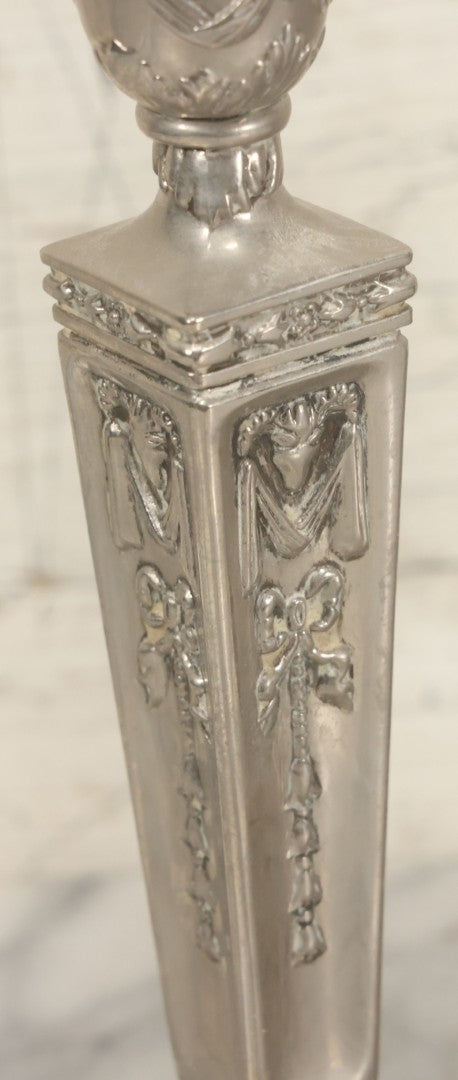 Lot 026 - Pair Of Vintage Silverplate Candlesticks, Neoclassical Design, Goat Head Motif, Ribbon And Garland Detailing