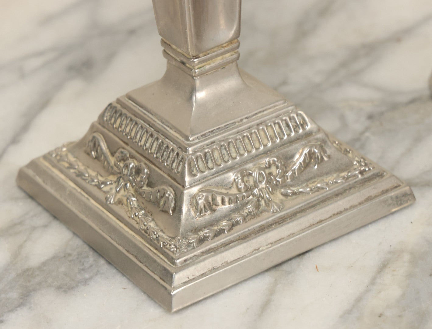 Lot 026 - Pair Of Vintage Silverplate Candlesticks, Neoclassical Design, Goat Head Motif, Ribbon And Garland Detailing