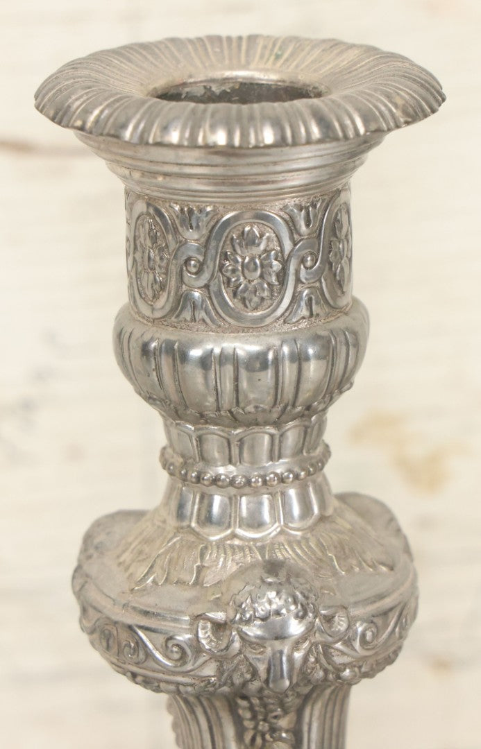 Lot 027 - Pair Of Vintage Raimond Silverplate Candlesticks, Ornate Baroque Style, Goat Head Motif, Made In Japan