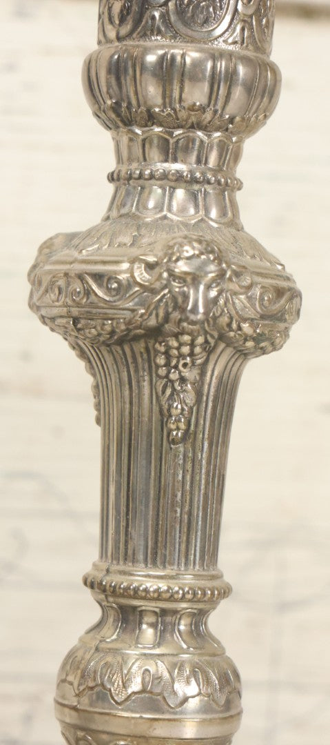 Lot 027 - Pair Of Vintage Raimond Silverplate Candlesticks, Ornate Baroque Style, Goat Head Motif, Made In Japan