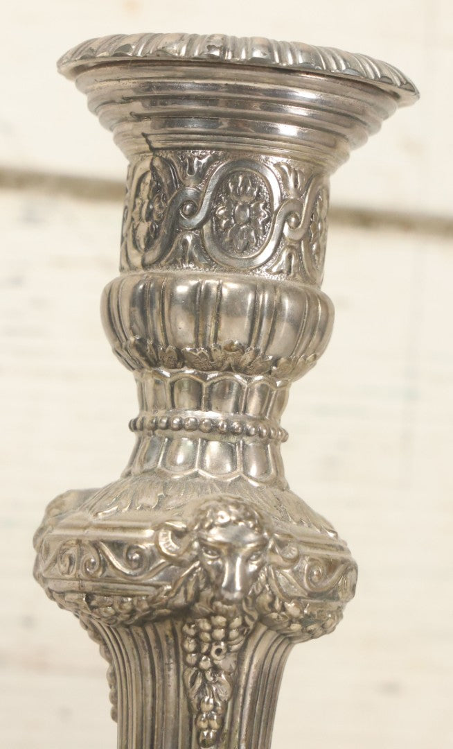 Lot 027 - Pair Of Vintage Raimond Silverplate Candlesticks, Ornate Baroque Style, Goat Head Motif, Made In Japan